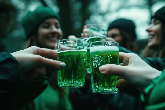 Friends raise glasses of green drink for a toast during a celebration.