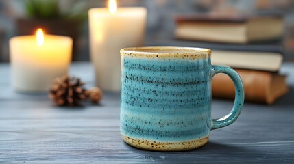 Cozy scene featuring a handcrafted blue mug on a wooden table with candles, pinecone, and books in the background