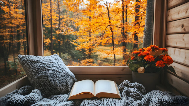 Cozy reading nook with an open book, warm blanket, and vibrant autumn foliage visible through the window