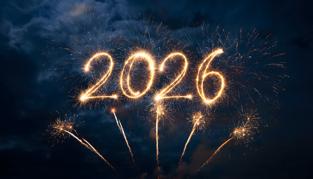 A dramatic New Year's Eve scene where bright golden fireworks spell out the numbers 2026 high in the night sky, against a dark background with smoke and bursting pyrotechnics.