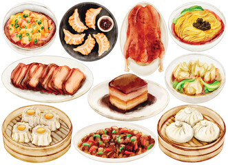 Watercolor Chinese Food Clip Art Set Cuisine Peking Duck Char Siu Dim Sum Dumpling Wonton Soup Mapo Tofu Fried Rice Dongpo Pork Baozi Illustration Restaurant Menu Asian Meal Dish