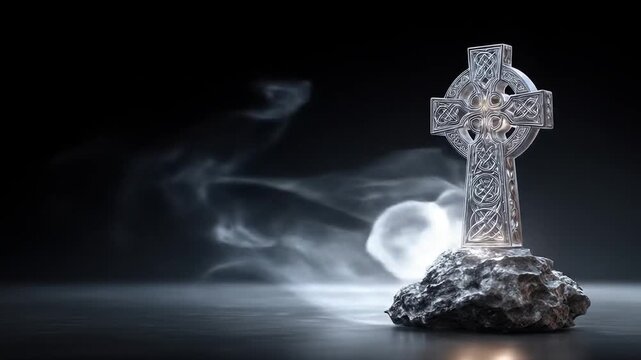 A metallic Celtic cross is on a rock, illuminated in a misty dark environment