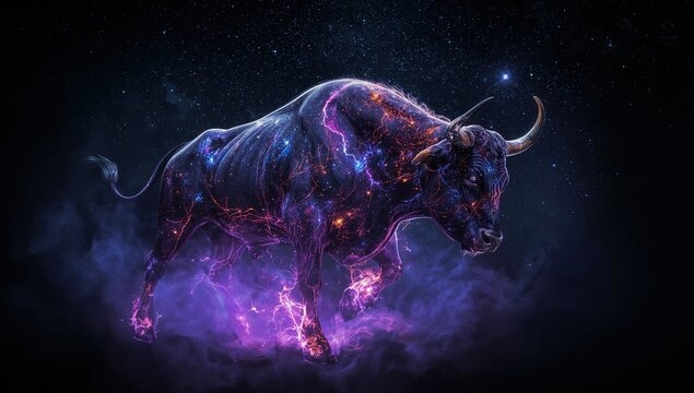 Galactic bull with neon lightning effects standing in cosmic space nebula, futuristic animal energy, vibrant night universe background