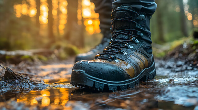 Hiking boots splashing through a forest stream at sunset, showcasing adventure in nature with vibrant colors - Powered by Adobe