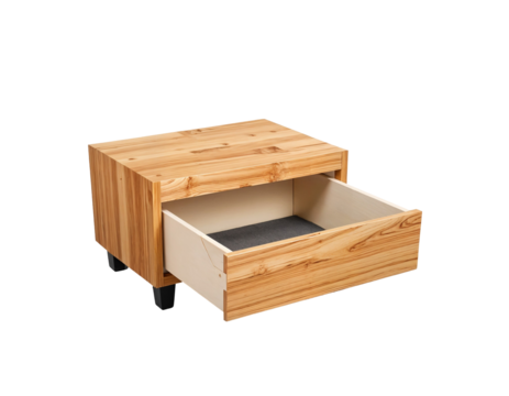 Natural Wood Bedside Table with Open Drawer and Transparent Background