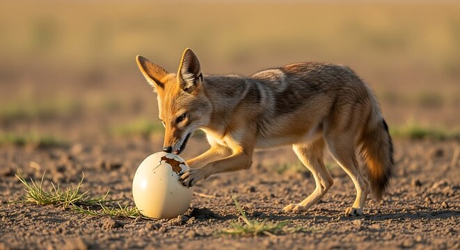 Black-backed Jackal Investigating an Ostrich Egg in the African Savannah.
