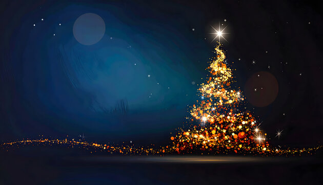 A magical scene featuring an intensely sparkling, glowing golden Christmas tree standing in a bed of pristine snow under a dark blue night sky. - Powered by Adobe
