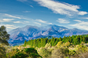 紅葉の始まった美しい木々と日光連山の風景
