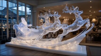 Christmas decorations with beautiful ice sculptures of Santa Claus and reindeer sleighs.