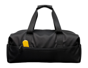 Black Duffel Bag with Yellow Accessory on Transparent Background