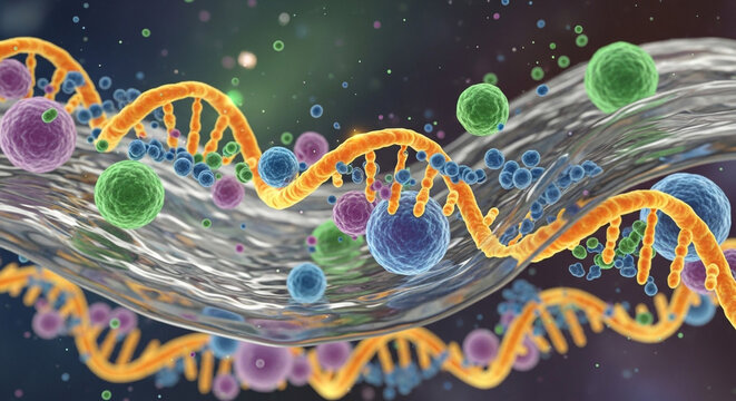 Explore the fascinating world of DNA with vibrant visualizations of molecules and genetic structures perfect for science and educational applications.