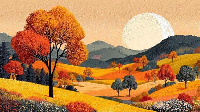 Autumn expression of nature gentle sun over fall colors abstract art scene vibrant landscape
