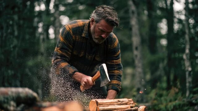 Skilled man in plaid shirt is chopping wood with an axe in a forest, showcasing the action sequence as he splits logs, camera follows with a smooth dolly movement
