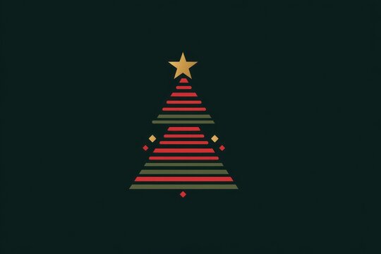 Geometric Christmas Tree With Multicolor Triangles And Gold Star On Black Background-Modern Festive Design For Holiday Marketing And Stock Photography