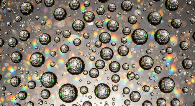 Stunning water droplets create abstract reflections and vibrant rainbow light for a modern, fresh background or captivating science visual