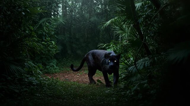 A sleek black panther prowling through dense tropical rainforest, showcasing stealth and animal behavior in a lush jungle setting.