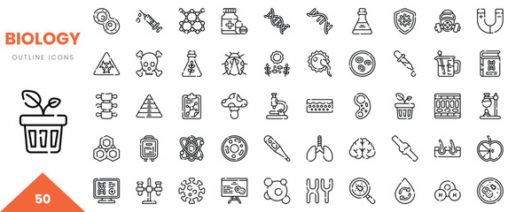 A collection of 50 outline icons related to biology, including plants, molecules, and laboratory equipment.