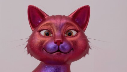 Colorful metallic cat face closeup with shiny pink and purple fur, whimsical artistic animal portrait, trendy modern design