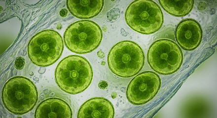 Vibrant close-up of green algae cells for science education and botanical research, illustrating life science and organic processes, perfect for educational materials