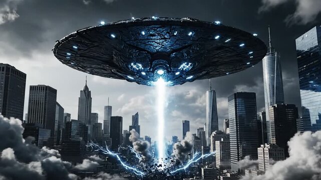 Futuristic UFO hovers over city skyline, intense energy beam descends amidst skyscrapers, dramatic alien invasion concept with cloudy skies