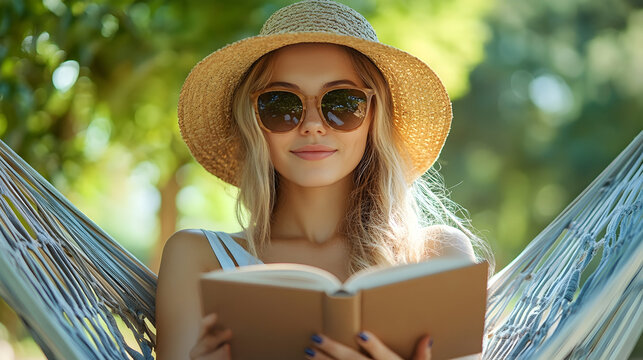 Young woman relaxing in a hammock, reading a book under sunlight in a lush green garden, enjoying a peaceful day