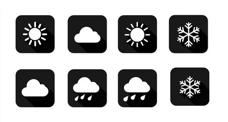Weather forecast icons set, featuring sun, cloud, rain, and snow symbols with shadows isolated on white background