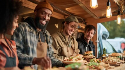 Enthusiastic group of diverse food vendors joyfully serving delicious meals at a vibrant food truck, showcasing culinary skills and teamwork, camera pans across scene