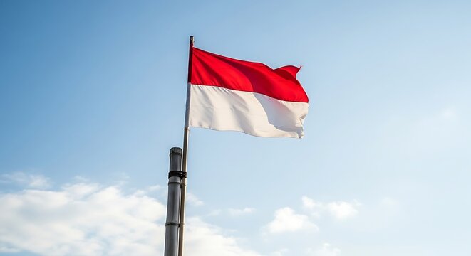 Indonesian flag waving proudly against a bright blue sky.