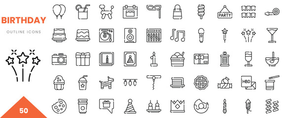A collection of 50 outline icons representing various birthday elements and celebrations.