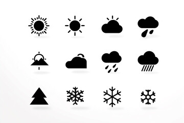 Simple black flat design weather and nature icons collection: sun, cloud, rain, snow, mountain, tree isolated on white background
