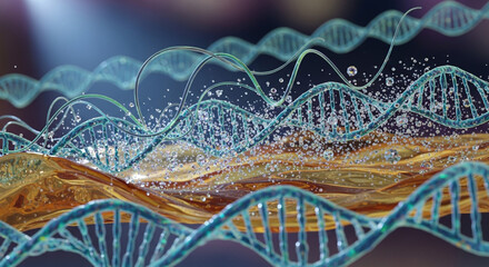 Stunning DNA strands entwined with mesmerizing liquid, perfect for scientific research, medical breakthroughs, and cutting-edge biotechnology projects