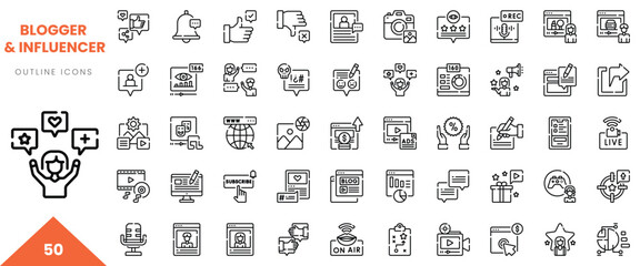 A diverse collection of outline icons representing blogging and influencer themes.