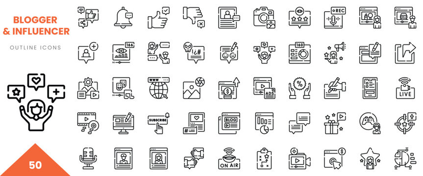 A diverse collection of outline icons representing blogging and influencer themes.