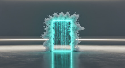 Glowing neon blue rectangular portal surrounded by white smoke or cloud effect, standing on a reflective floor in a minimalist futuristic room with horizontal light strip