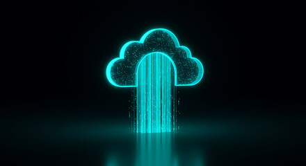 Glowing cyan digital cloud icon with light beam streaming down, symbolizing data transfer, cloud computing, network connection, and futuristic technology concept against a dark background