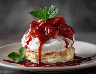 Delicious strawberry shortcake with whipped cream and fresh mint on a white plate