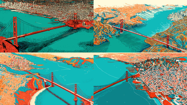 Colorful aerial illustrations of the Golden Gate Bridge with vibrant city and coastal scenery. Artistic views showcasing the iconic San Francisco landmark in bold and dynamic style.