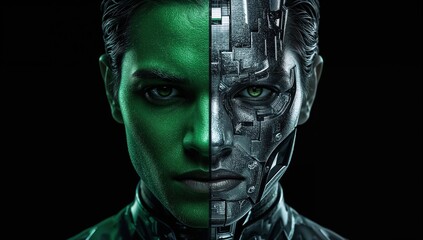 Cybernetic hybrid portrait: half human, half robot face with green and metallic features, futuristic technology concept