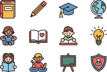 Education Icons Set – School Kids, Books, Pencil, Graduation Cap, Globe, Learning Color Symbols