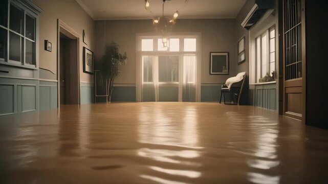 Spacious interior with light wood floor, large windows, decorative lighting, potted plant and muted wall color with blue baseboard paneling