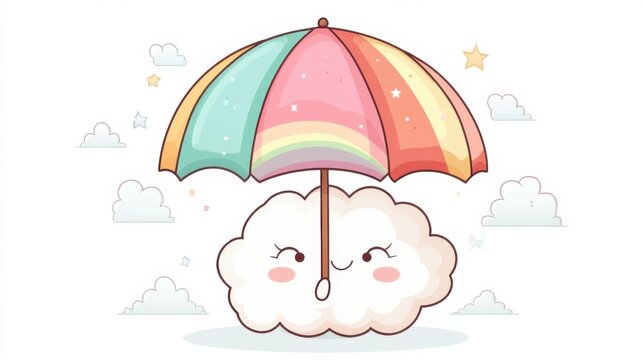 kawaii cloud holding a pastel rainbow umbrella, minimal vector, white background
