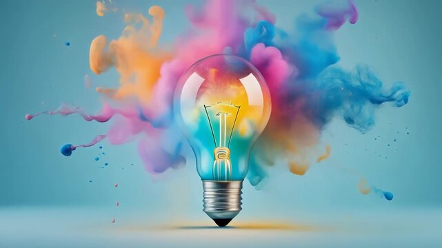 Illuminated lightbulb amidst explosion of colorful paint creating vibrant abstract concept against plain backdrop