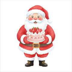 Santa Claus holding a strawberry cake, sweet Christmas dessert watercolor illustration on white
