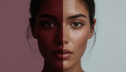 Portrait of woman with split face lighting in pink and blue tones, symmetry, natural skin, beauty concept, closeup, trendy makeup