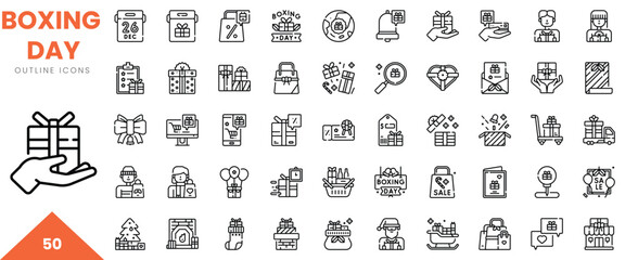 A collection of Boxing Day outline icons featuring gifts, sales, and festive elements.