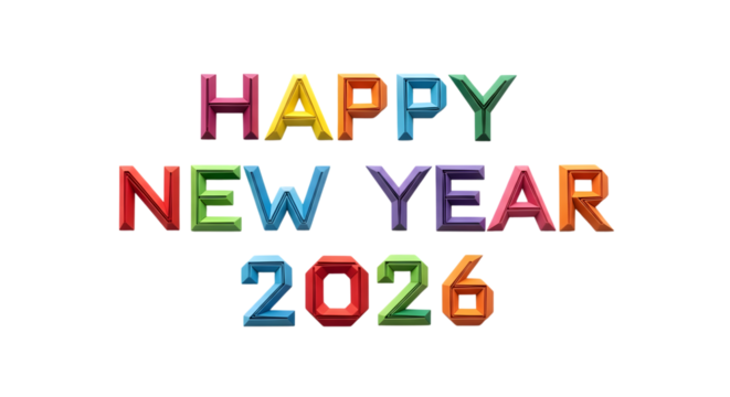 Happy new year 2026 colorful text isolated on transparent background