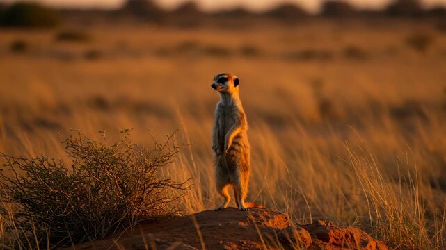 A majestic cheetah stands alert on a rocky outcrop in the golden grasslands during sunset, capturing the wild beauty of the savannah at dusk.