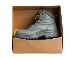 Single Grey Ankle Boot in Open Cardboard Box