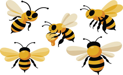 Cartoon honey bee vector illustration set, cute flying bees and insect with honey drop, isolated mascot collection for natural food, nature, and organic products