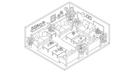 Isometric view of modern living room with furniture and plants vector illustration